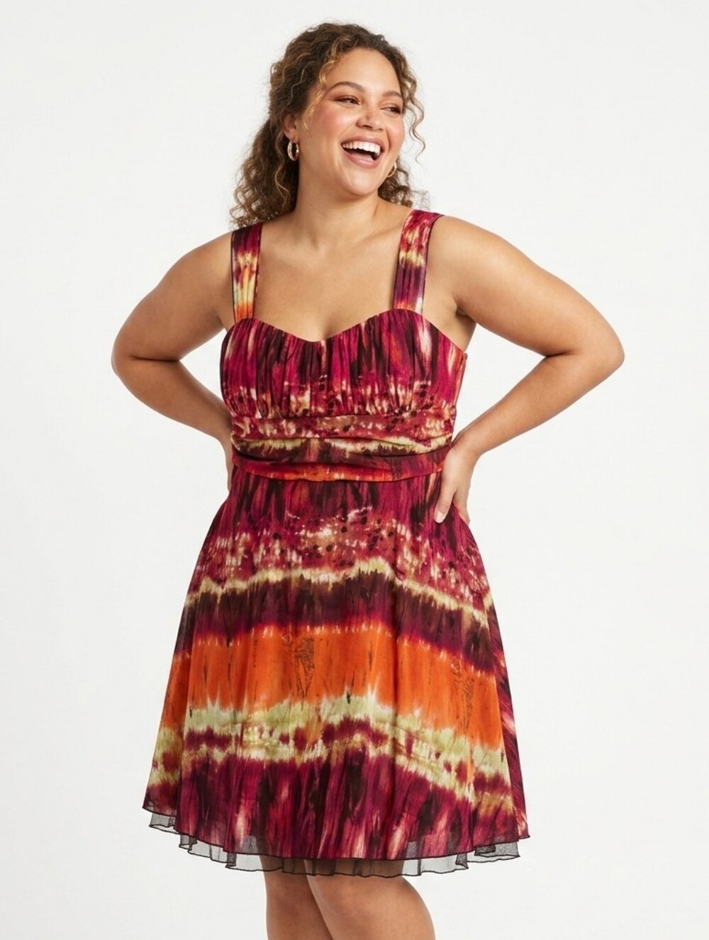 Maurices Vibrant Watercolor Tie Dye Babydoll Mesh Ruffle Trim Dress